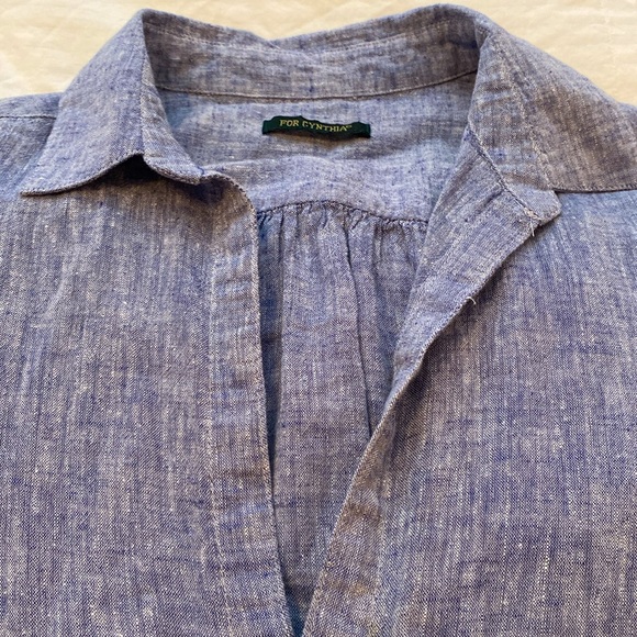 For Cynthia Blue Linen/Cotton Blend 2-Pocket Tunic - Picture 2 of 9